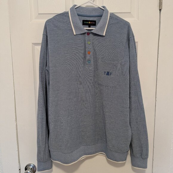 Teddy Fresh Long Sleeve Polo 1/4 Button Blue Embroidered Logo Mens Large Cotton - Picture 1 of 10